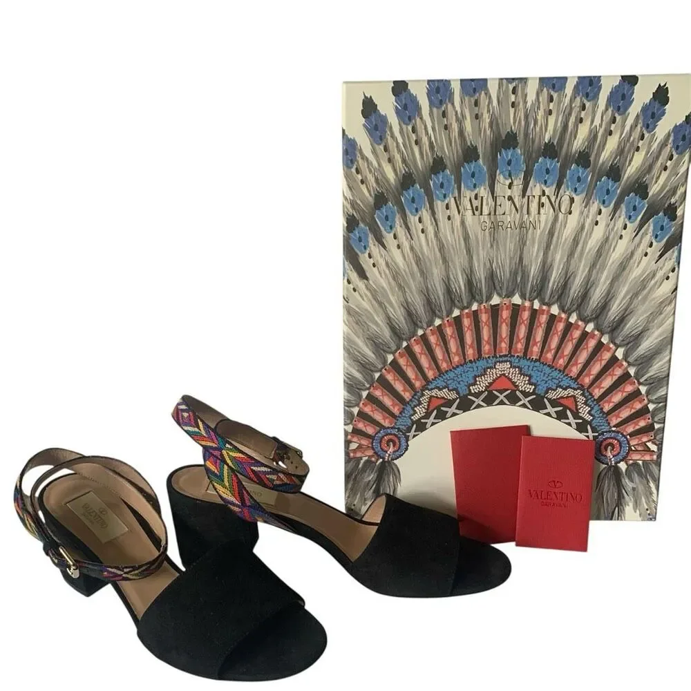 NEW IN BOX VALENTINO Native Couture EMBROIDERED ankle STRAP suede city SANDALS S